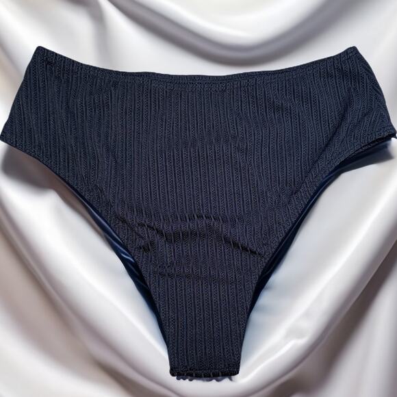 New Medium Black Swim Bottoms Bikini Mid High Rise Cheeky Ribbed Stretch - Picture 2 of 2
